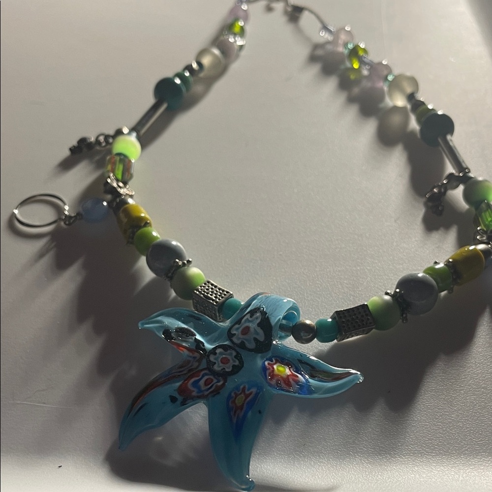 Blue Millefiori Starfish Glass Pendant Necklace - Women Jewelry